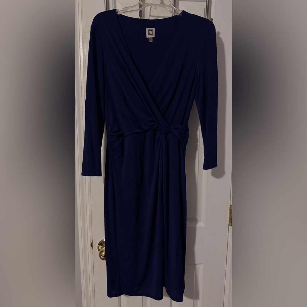 Anne Klein Navy Faux Wrap Long Sleeve Midi Dress Flattering Flowy and Slinky EUC - Picture 3 of 5